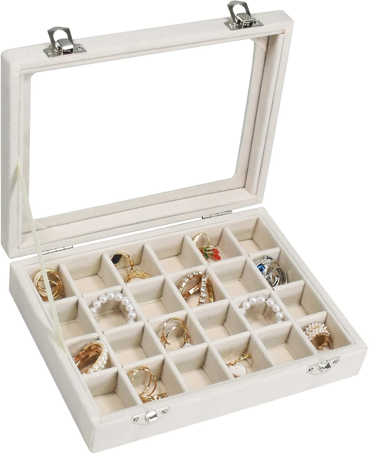 Velvet 24-Compartment Jewelry Organizer Tray for Earrings and Rings (Beige)
