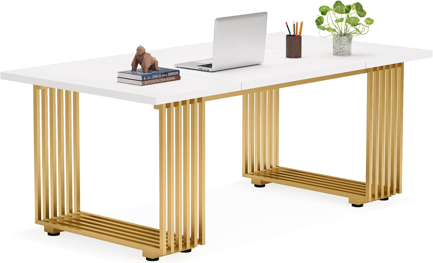 70.9" White Office Desk, Modern Executive Desk with Gold Metal Legs, Large Home Office Desks, Wood Computer Desk, Business Furniture