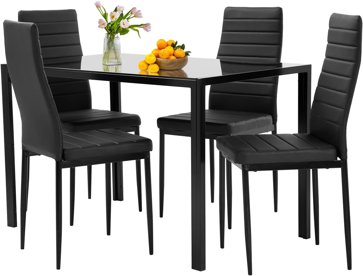 5-Piece Dining Table Set | Black | Glass Kitchen Table with 4 Upholstered Chairs and Faux Leather Cushions | Space-Saving and Modern Design | for Dining Room, Easy to Assemble