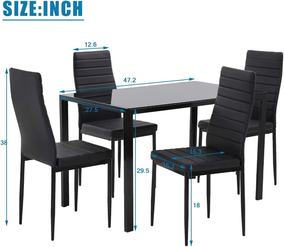 5-Piece Dining Table Set | Black | Glass Kitchen Table with 4 Upholstered Chairs and Faux Leather Cushions | Space-Saving and Modern Design | for Dining Room, Easy to Assemble - Image 7