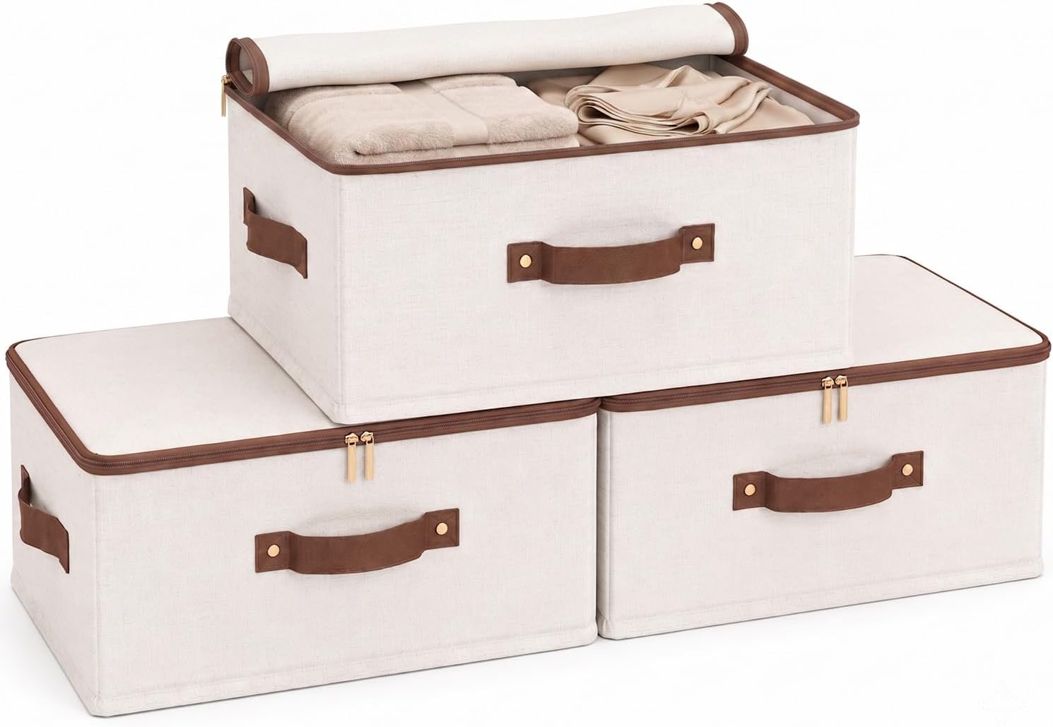 Fabric Storage Bins with Zippered Lids and Handles – For Wardrobe Clothing and Organization (3-Piece Set)