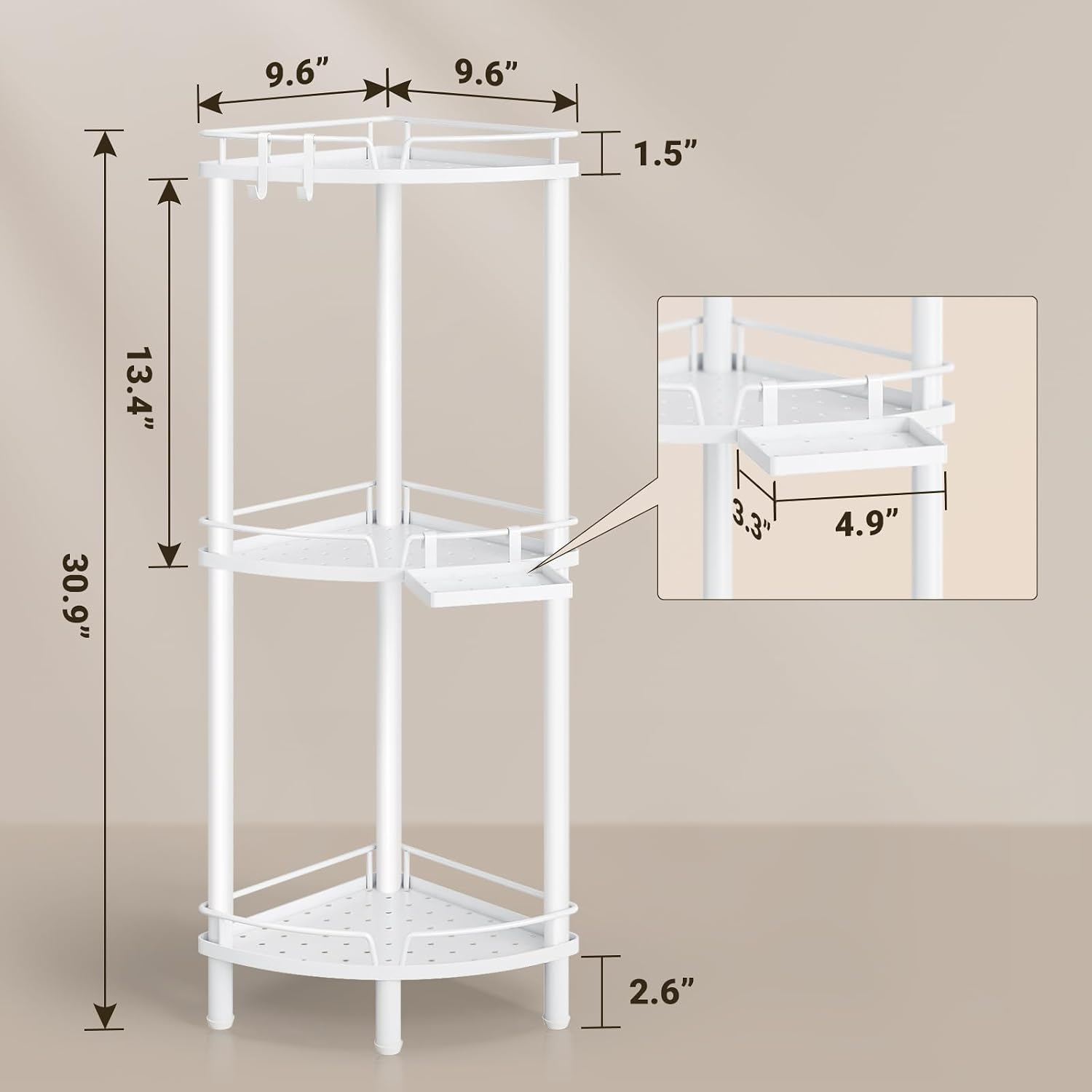 3-Tier Freestanding Corner Shower Caddy – Bathroom Organizer with Soap Dish and Hooks (White) - Image 2