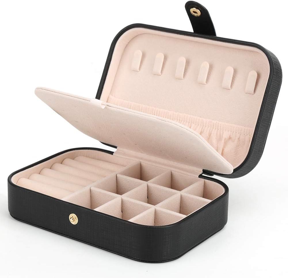 Double-Layer Mini Travel Jewelry Case for Necklaces, Rings, and Accessories (Black)