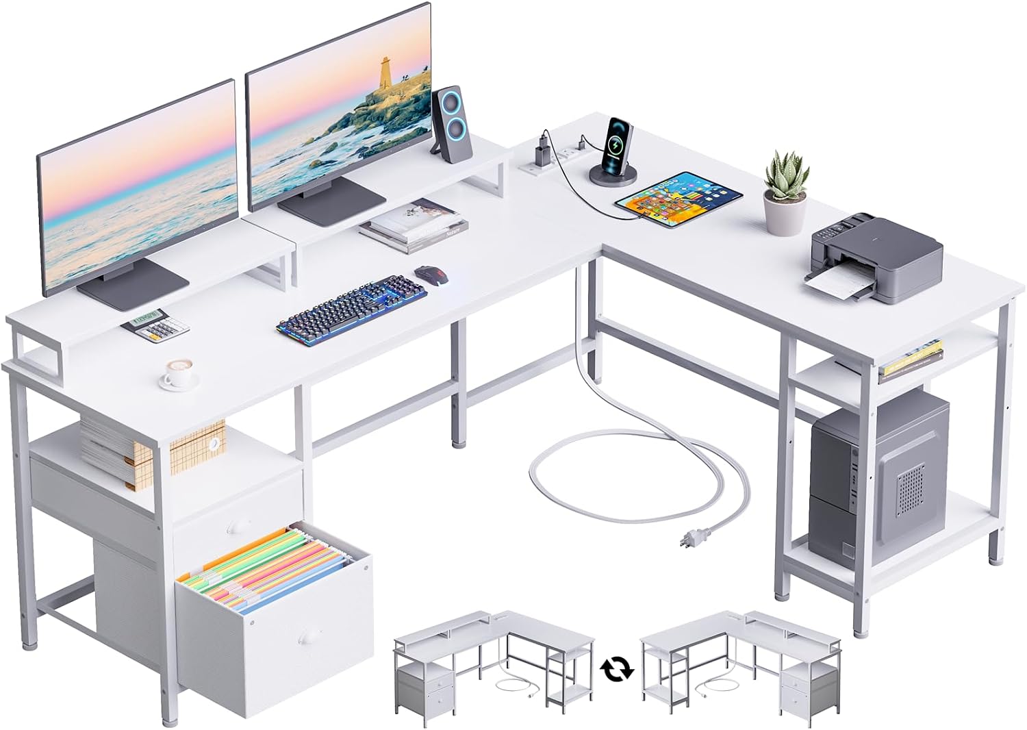White 66” L Shaped Desk with Power Outlet, Reversible Computer Desk with File Drawer & 2 Monitor Stands, Home Office Desk with Storage Shelves, Corner Desk for Gaming Writing