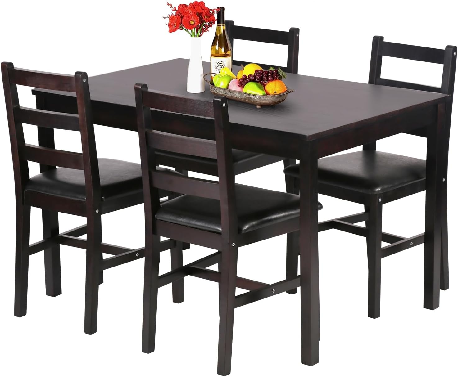 5-Piece Solid Wood Dining Table Set for 4 | Brown | Pine Kitchen Table with Upholstered Chairs | Space-Saving Design | Smooth Easy-to-Clean Surface | for Dining Room, Apartment, Restaurant