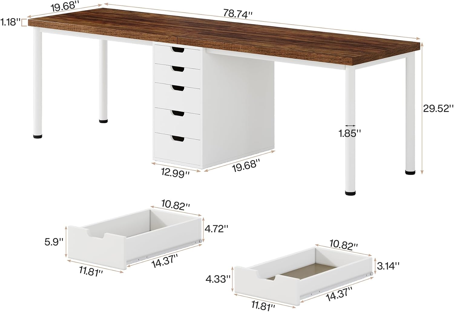 Two Person Computer Desk with 5 Drawers, 78.7 Inches Extra Long Double Office Desk, Modern Simple Double Computer Desk Study Writing Table Workstation for Home Office(Brown/White) - Image 2