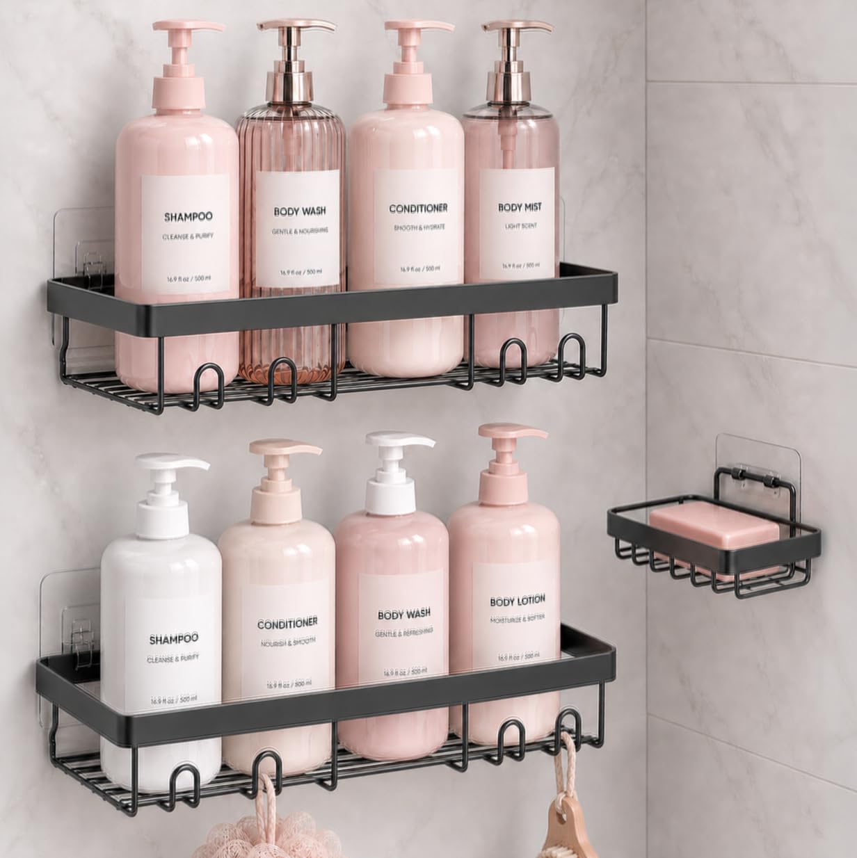 Drill-Free Shower Caddy (3-Piece Set) – Waterproof Bathroom Organizer with Soap Dish