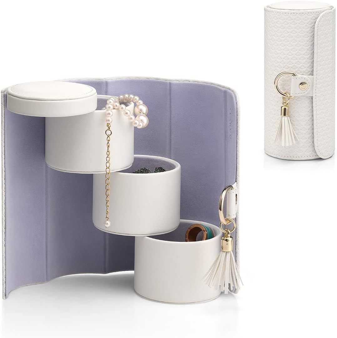 Portable Travel Jewelry Case for Necklaces, Rings, and Earrings (White)