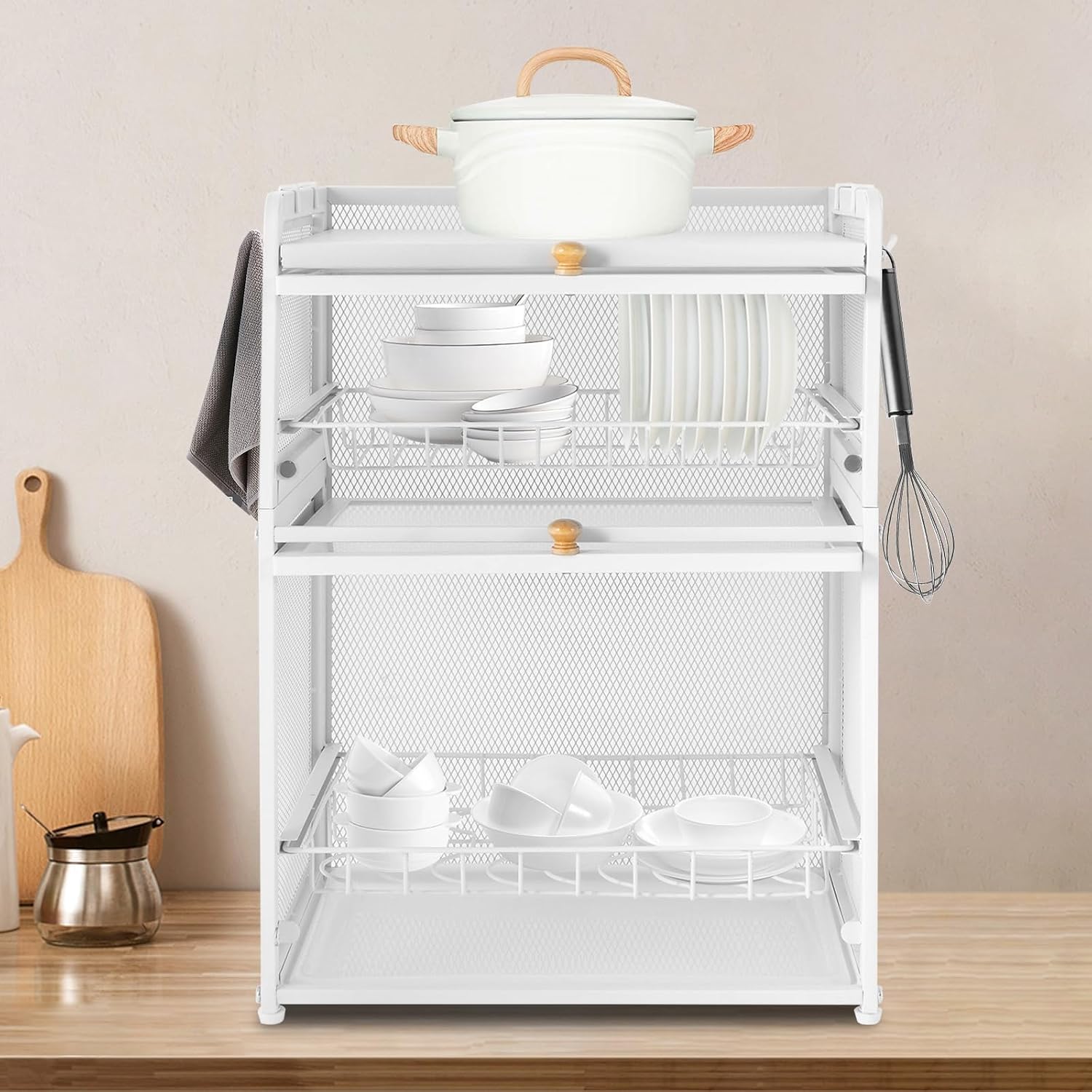 Dish Drying Rack, 3-Tier Freestanding Countertop Storage Cabinet Kitchen Dish Rack with Doors & Pull-Out Drain Tray, Small Utensil Holder Rack for Kitchen Plate Cup Dish (White)