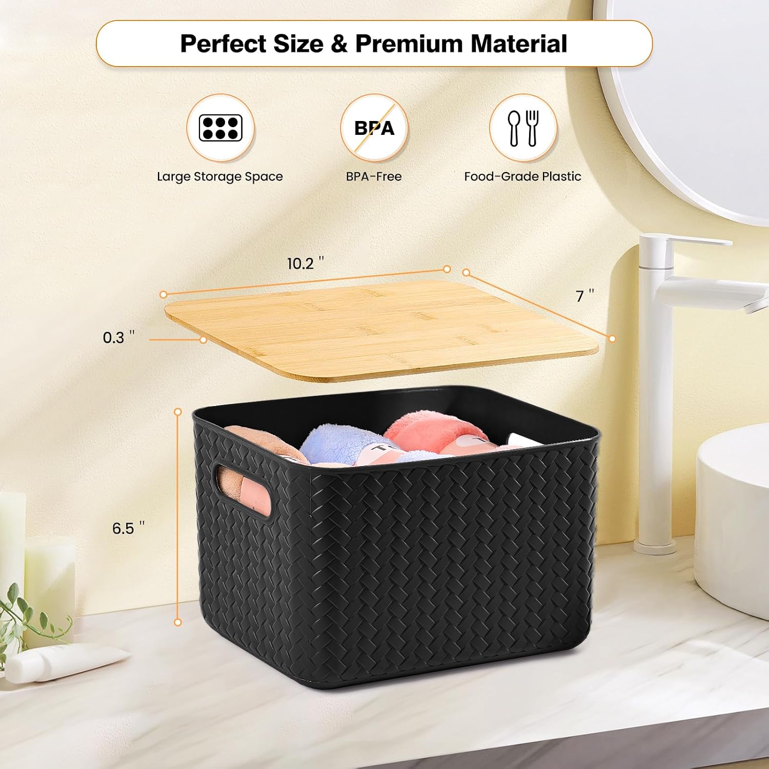 Plastic storage bins with bamboo lids – 4-piece set, black, for desktops, wardrobes, or toys - Image 2
