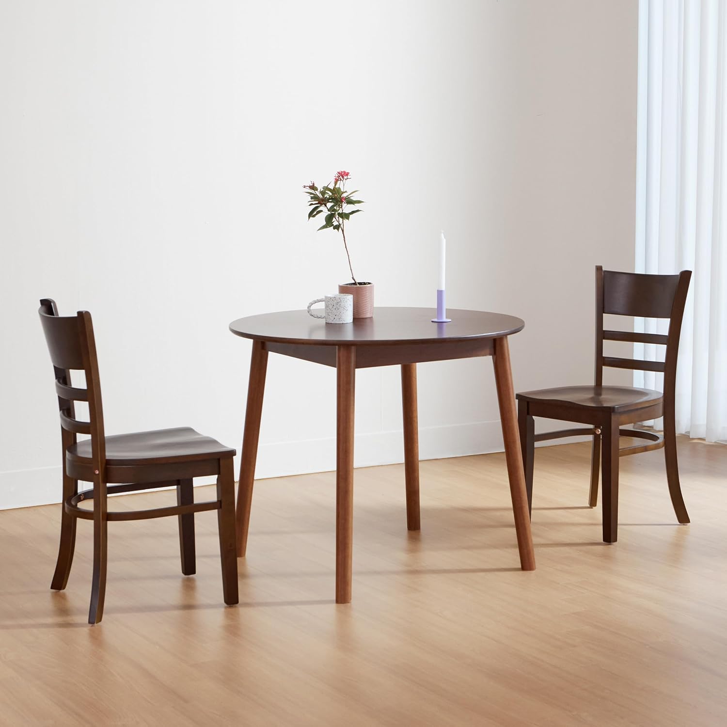 35.4" Round Wooden Dining Table/Mid Century Modern Malaysian Oak Kitchen Table (Walnut) - Image 2