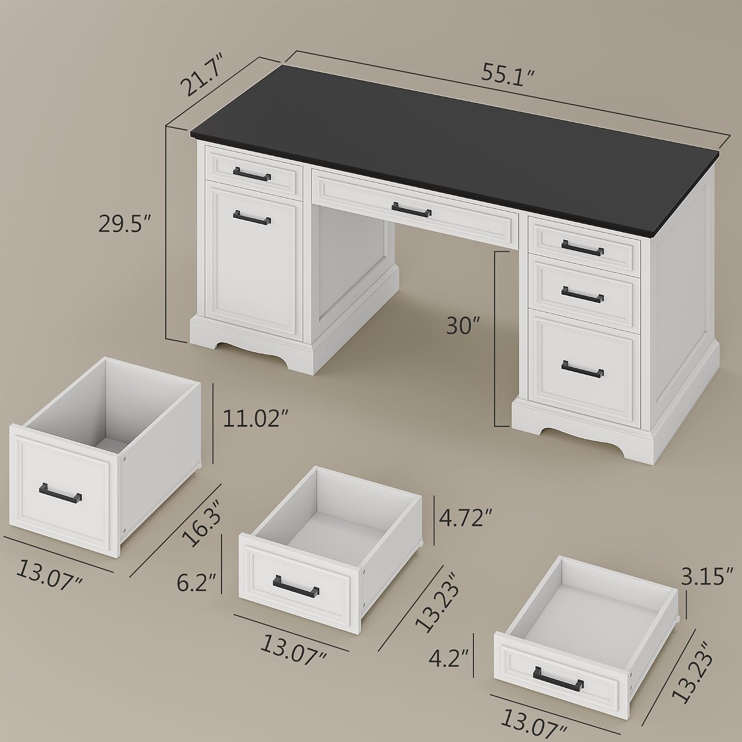 White Farmhouse Executive Desk with Drawers, 55.1" Wood Home Office Desk with Storage Cabinet, Morden Solid Computer Writing Desk for Study Work Table for Home Office Bedroom (White) - Image 2