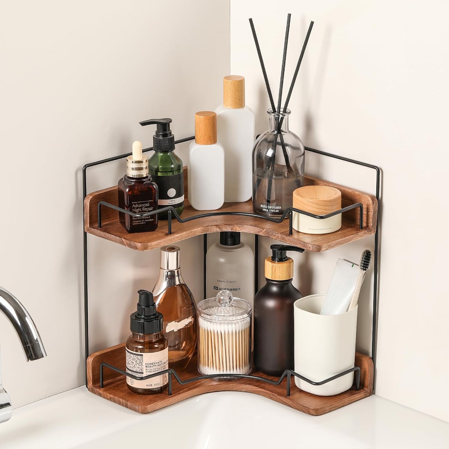 2-Tier Wooden Corner Bathroom Shelf – Countertop Organizer for Skincare and Cosmetics