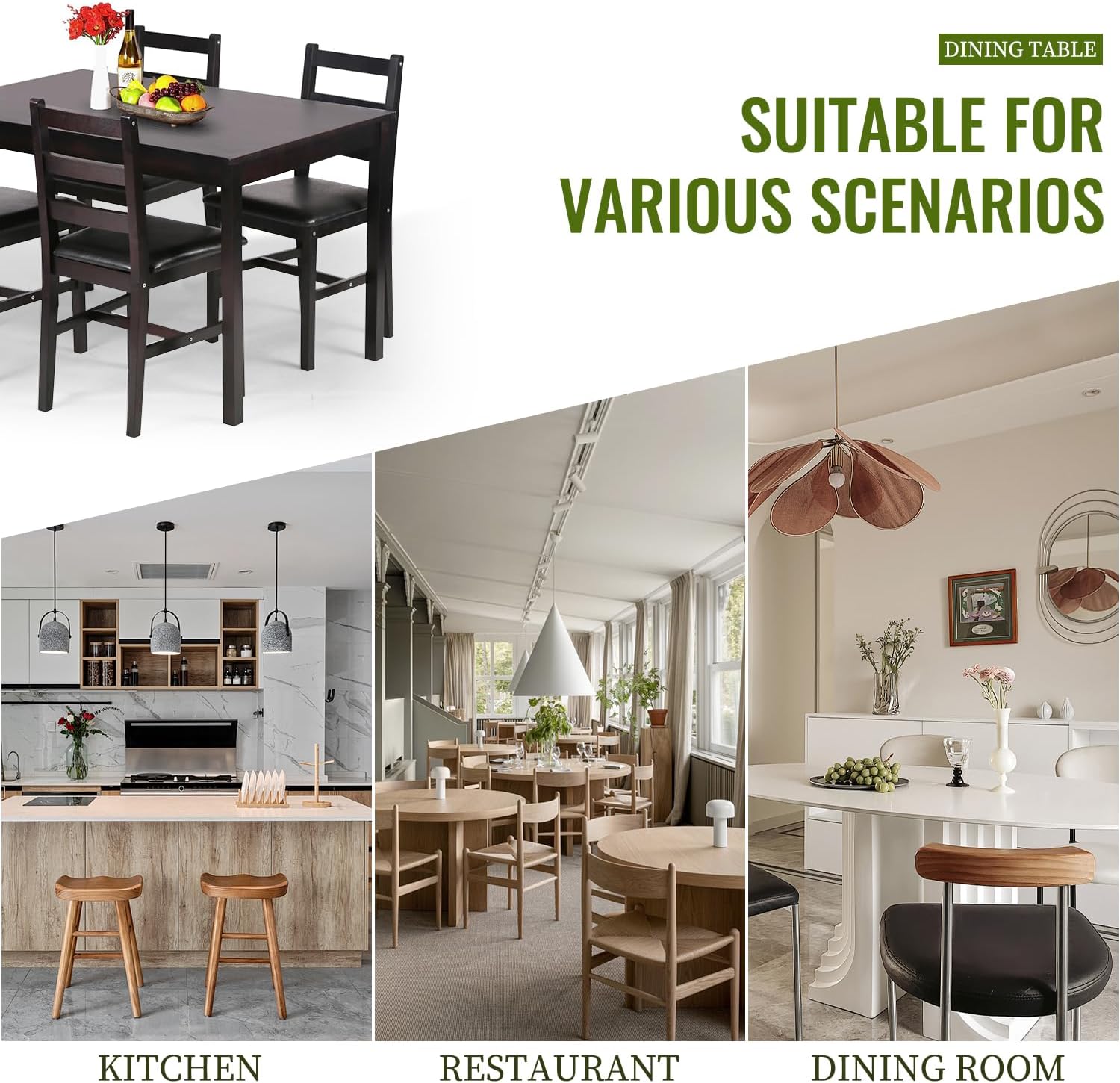 5-Piece Solid Wood Dining Table Set for 4 | Brown | Pine Kitchen Table with Upholstered Chairs | Space-Saving Design | Smooth Easy-to-Clean Surface | for Dining Room, Apartment, Restaurant - Image 6