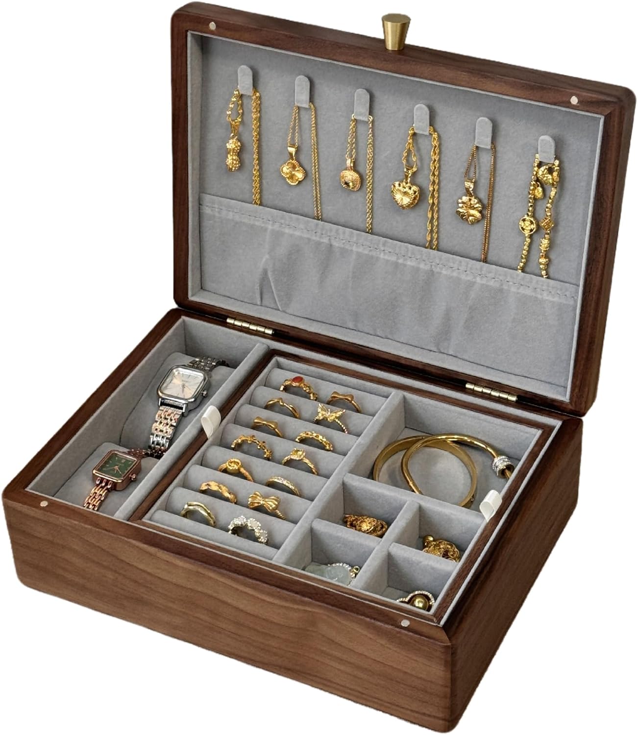 Black Walnut Double-Layer Jewelry Box—Vintage-Style Storage for Watches, Necklaces, and Accessories