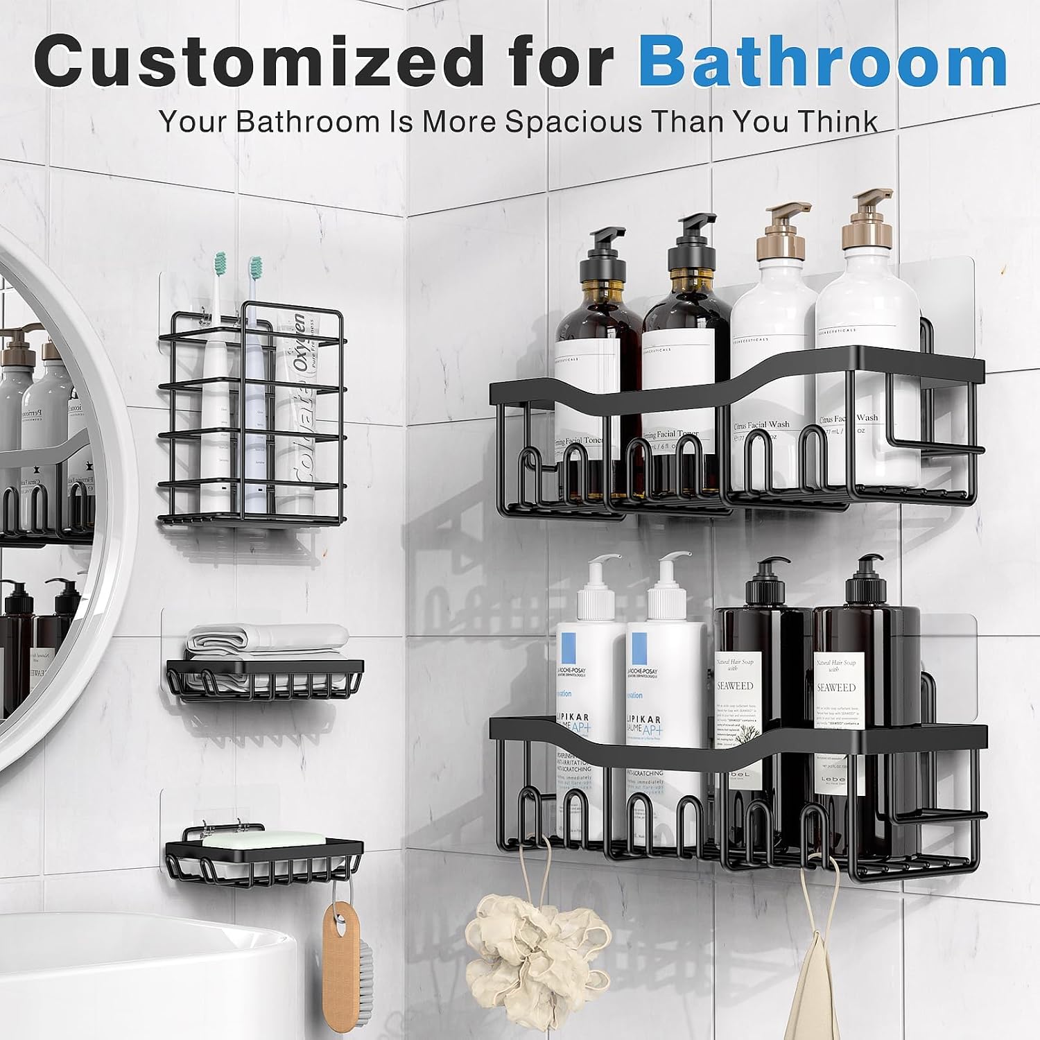 Drill-Free Shower Shelf (5-Piece Set) – Wall-Mounted Stainless Steel Organizer for Kitchen and Bathroom (Black) - Image 2