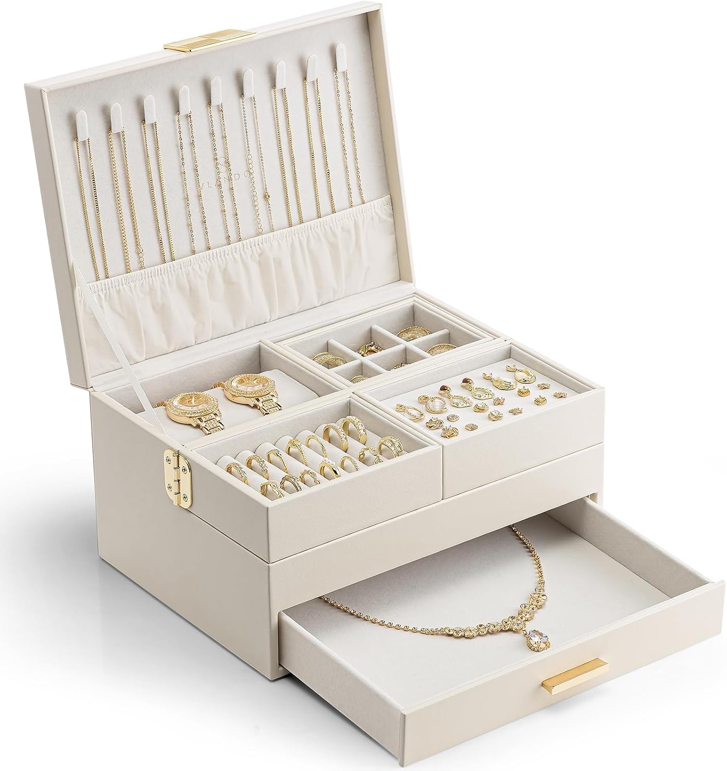 Three-Tier Jewelry Box with Pull-Out Trays for Necklaces, Rings, and Earrings (Cloud White)