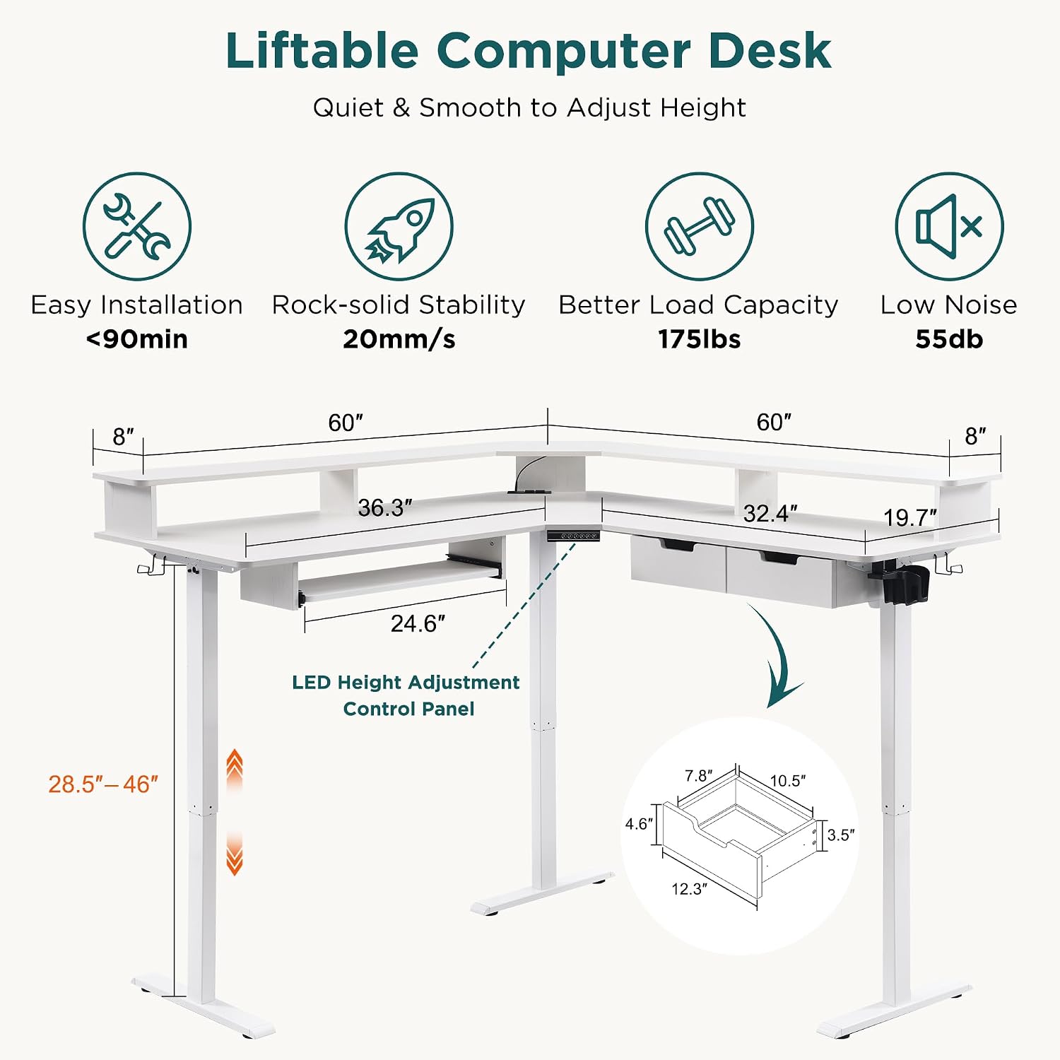 60 Inches L Shaped Electric Standing Desk, Height Adjustable Corner Gaming Desk with Drawers, Keyboard Tray, Power Outlets & LED Lights, Comnputer Desk with Monitor Shelf, Antique White - Image 2
