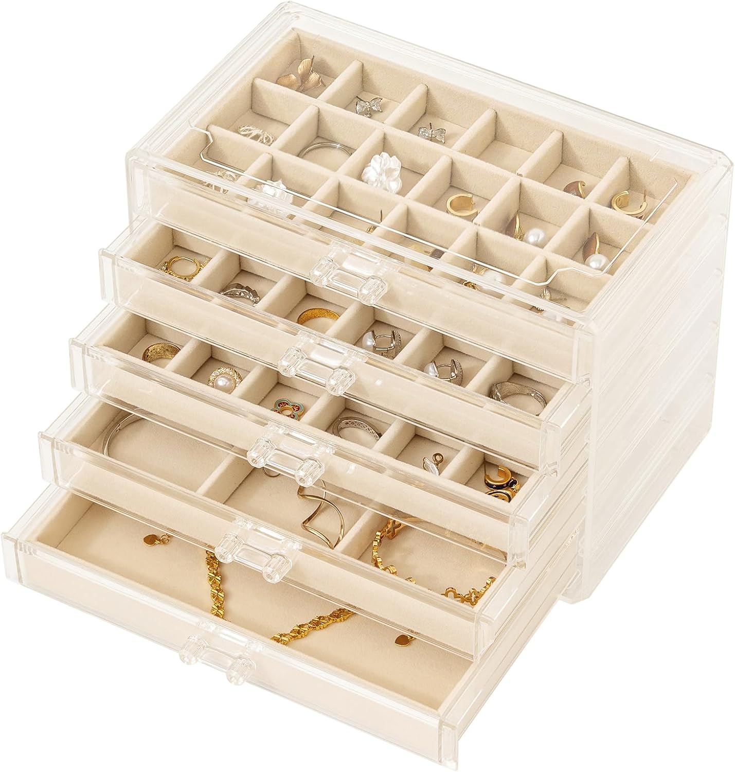 Five-Tier Acrylic Jewelry Box with Velvet-Lined Drawers for Earrings and Accessories (Beige)