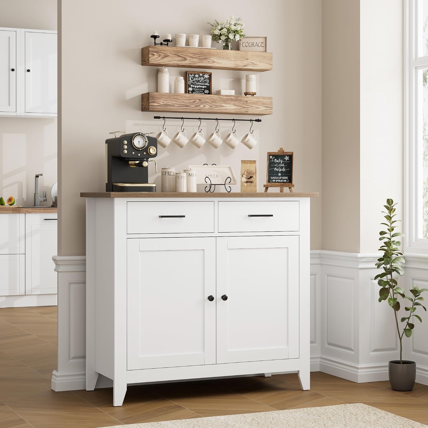 Kitchen Storage Cabinet, Modern Farmhouse Buffet Cabinet with Storage, Coffee Bar with 2 Drawers and 2 Doors, Floor Sideboard Buffet for Living Room, Dining Room, Bathroom, Ivory White - Image 2