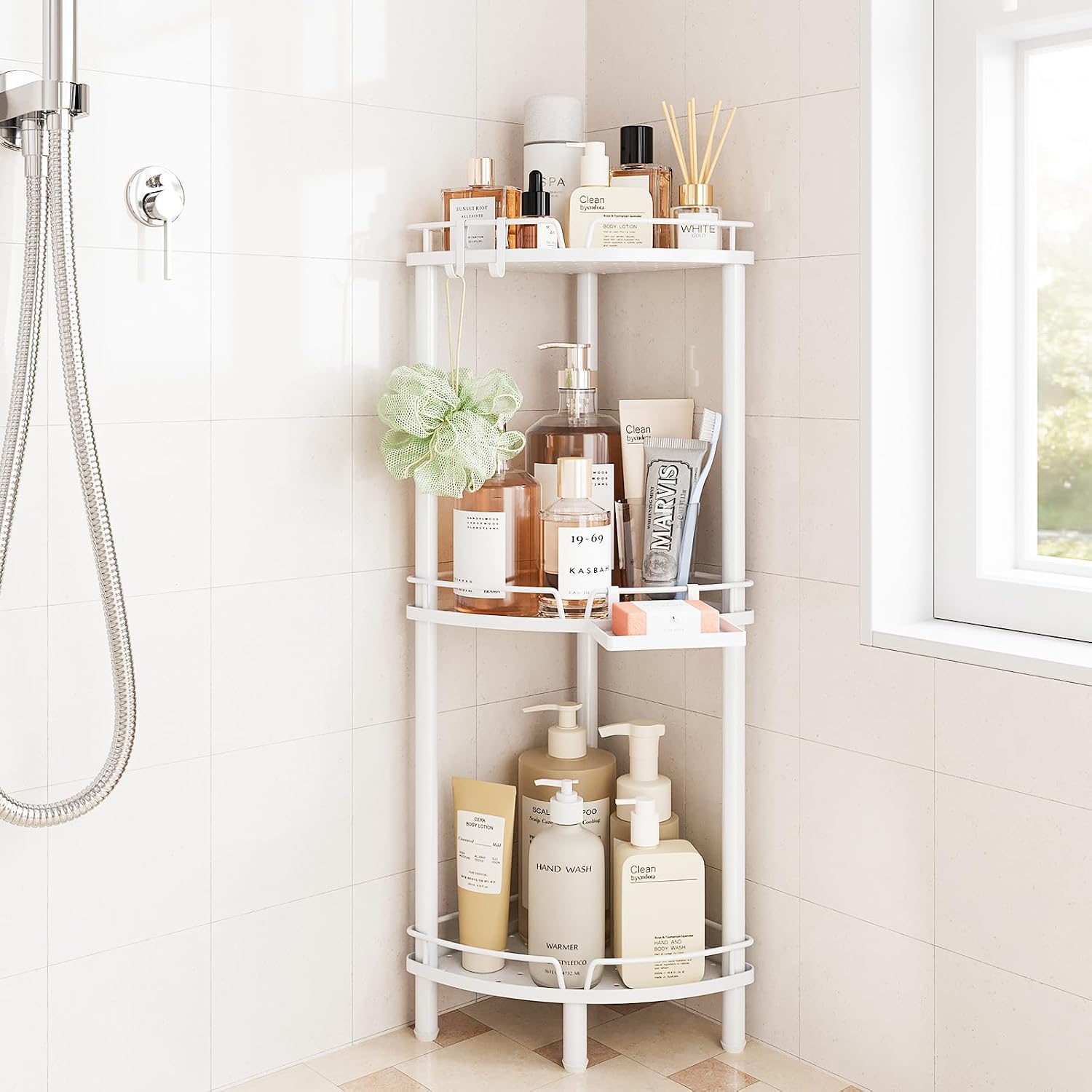 3-Tier Freestanding Corner Shower Caddy – Bathroom Organizer with Soap Dish and Hooks (White)