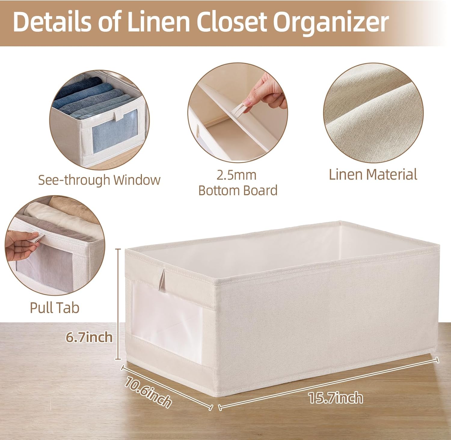 Linen-style fabric storage bins with transparent windows – 4-piece set for wardrobe organization - Image 2