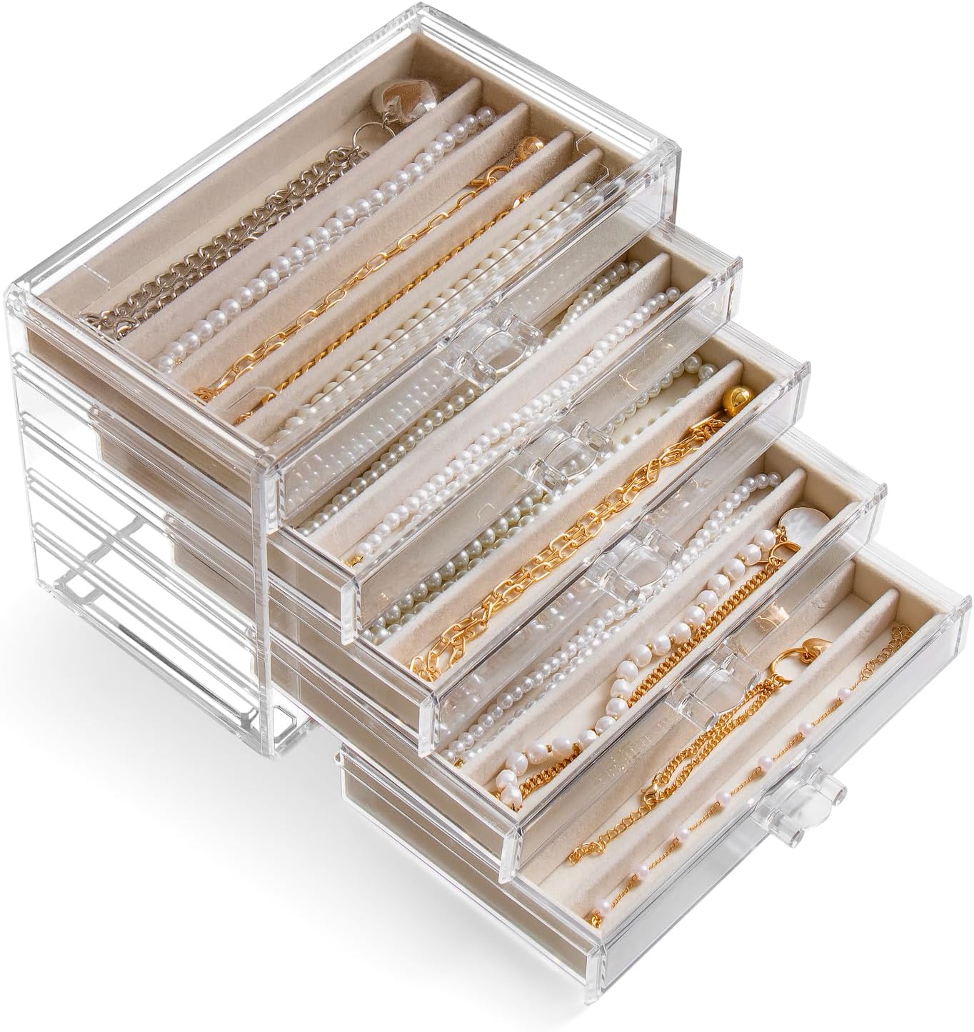 Dustproof Velvet Jewelry Box with Acrylic Lid for Necklaces (Beige)