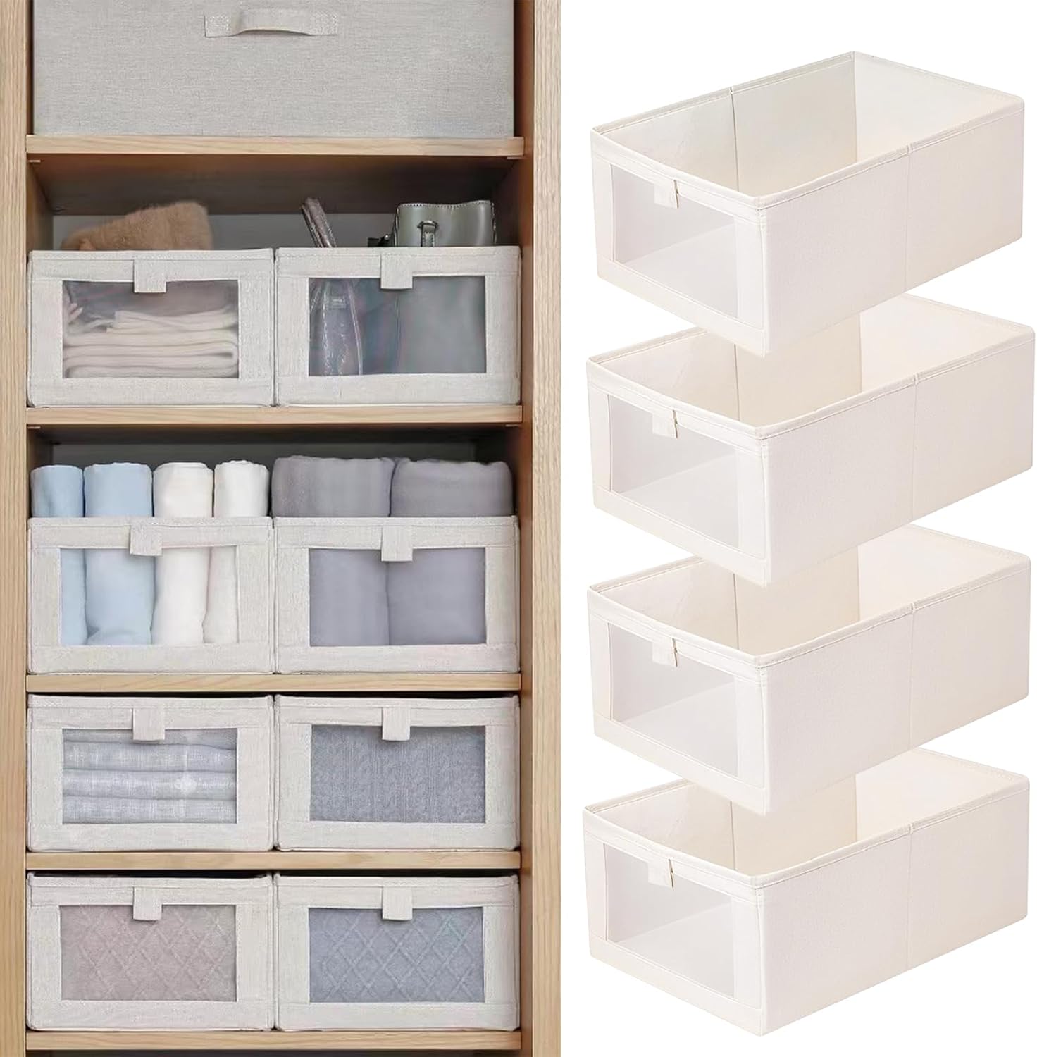 Linen-style fabric storage bins with transparent windows – 4-piece set for wardrobe organization