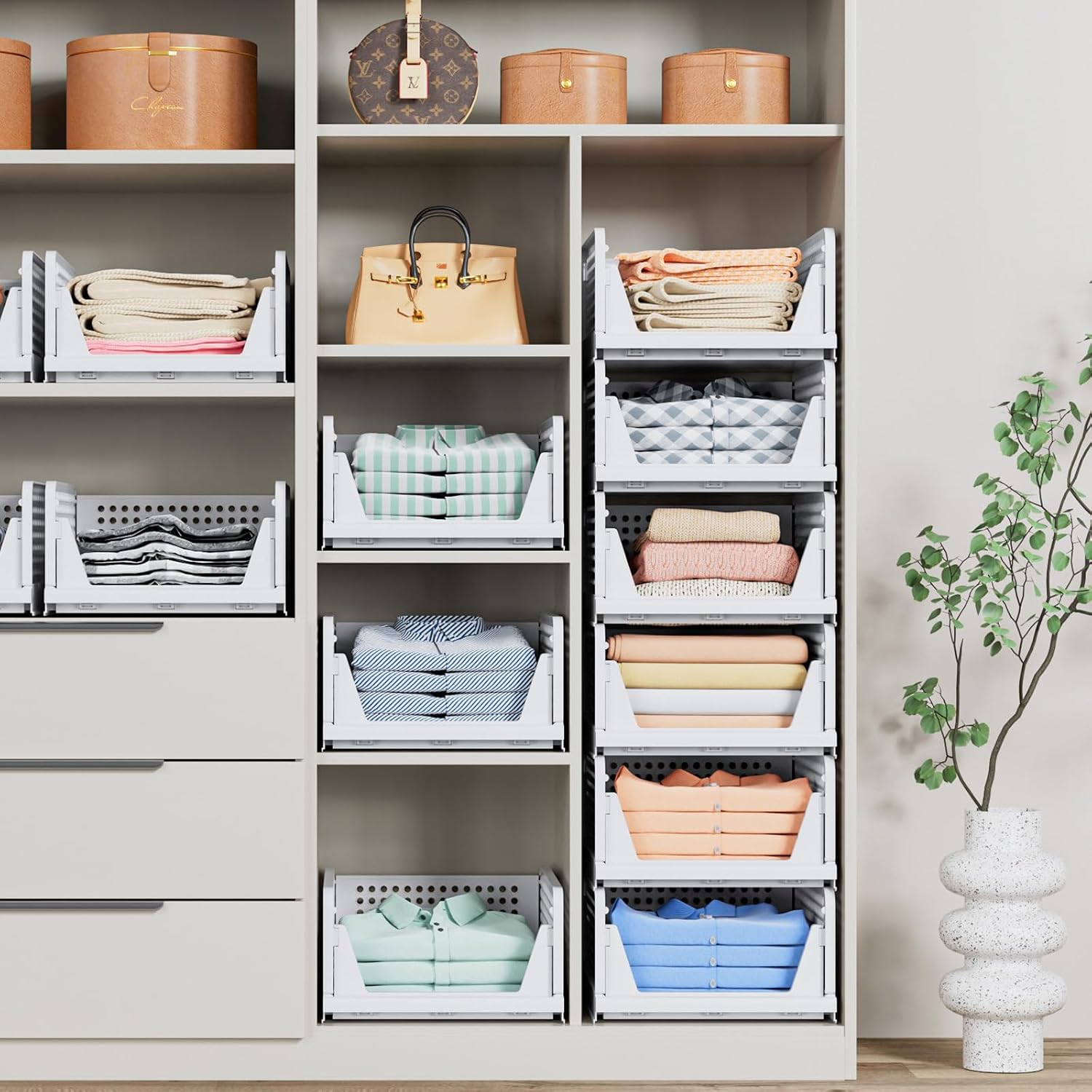 Stackable, foldable wardrobe storage baskets – 4-piece set, white, for clothing and hats - Image 2