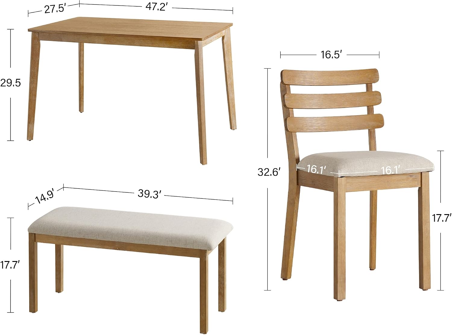 4-Piece Farmhouse Dining Set, Wooden Table with 2 Chairs, Bench Seat, Mid-Century Modern Wooden Table & Upholstered Chair Set for Home, Kitchen, Dining Room, Solidwood Legs - Image 6
