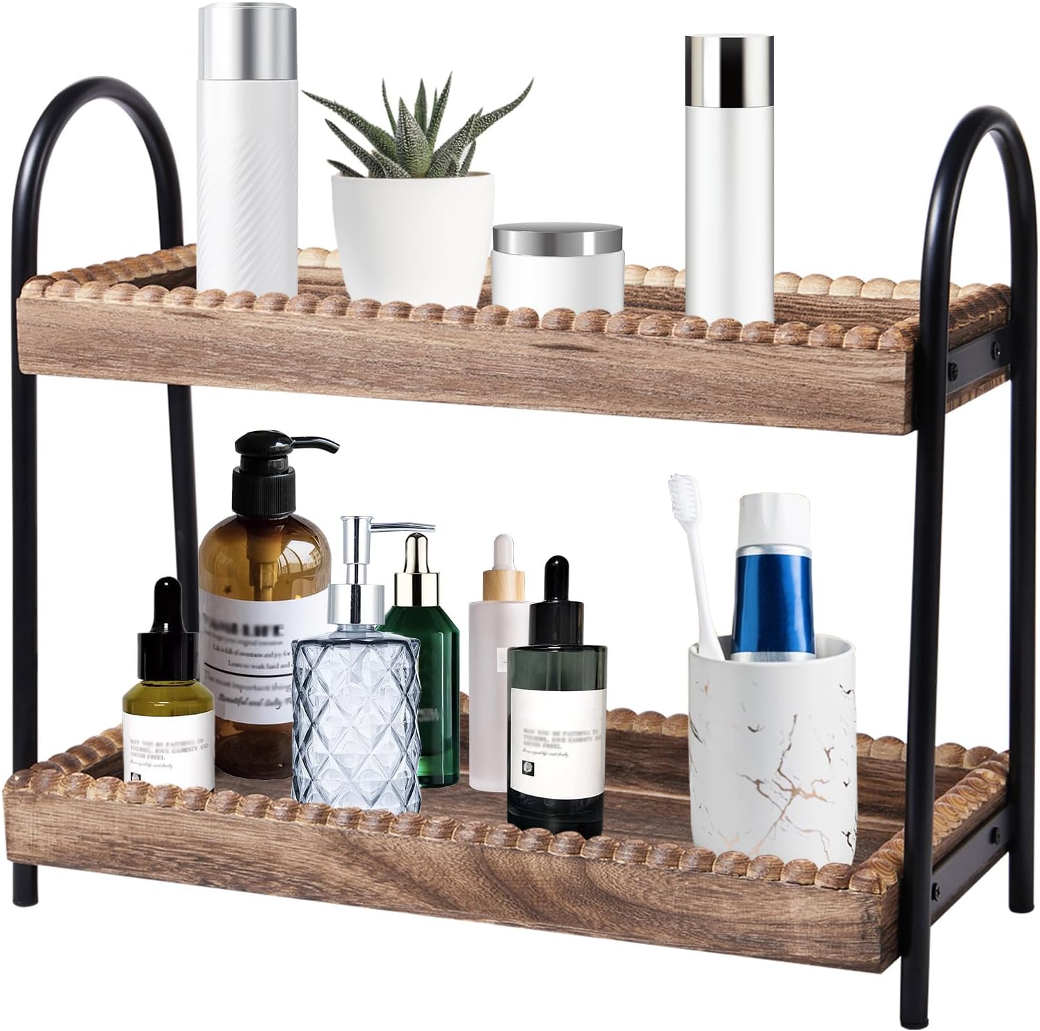 2-Tier Bathroom Countertop Organizer – Wooden Shelf with Decorative Beads (Ideal for Vanity or Coffee Station)