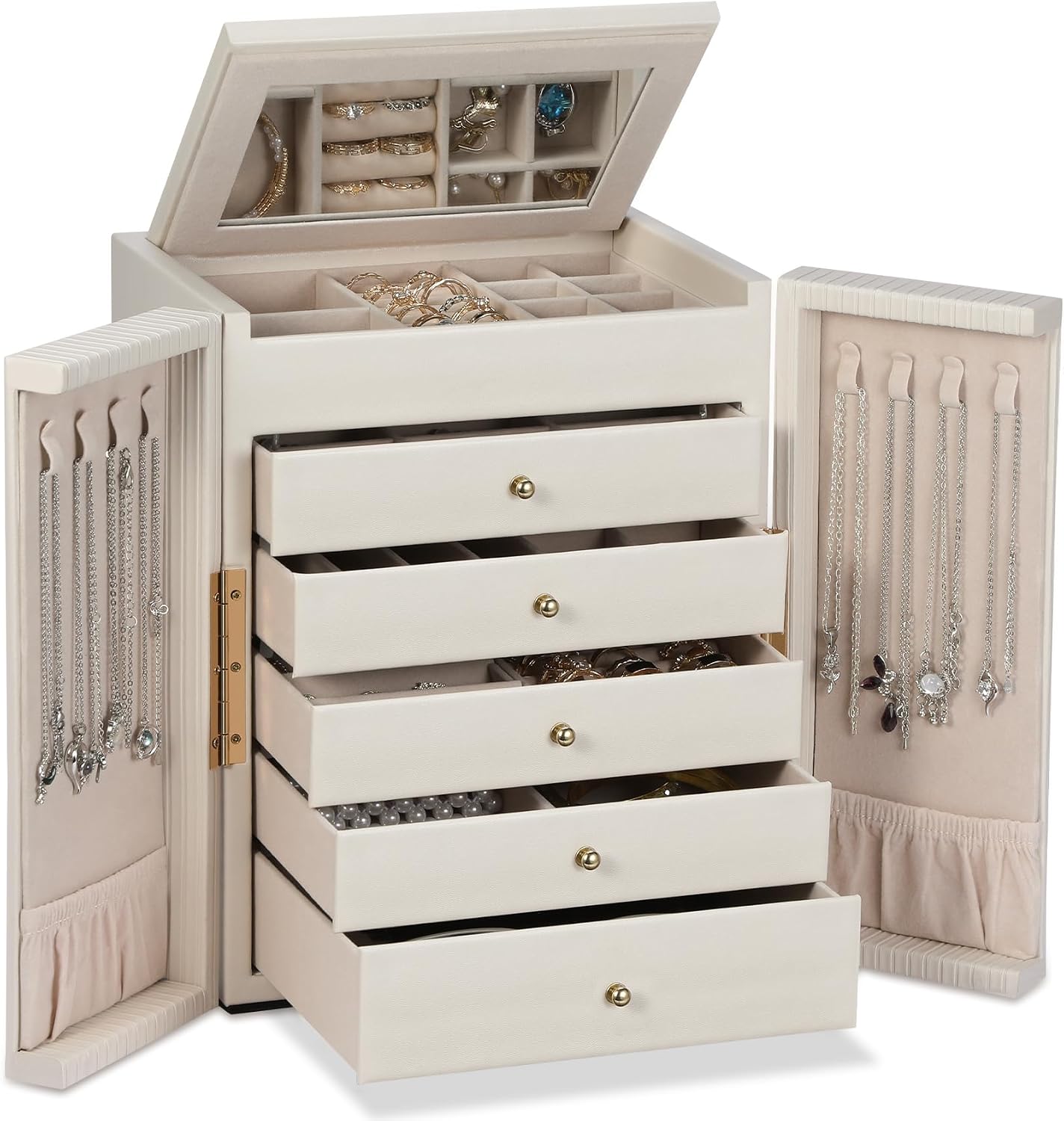 Six-Tier Large-Capacity Jewelry Box with Mirror for Necklaces, Watches, and Accessories (Beige)