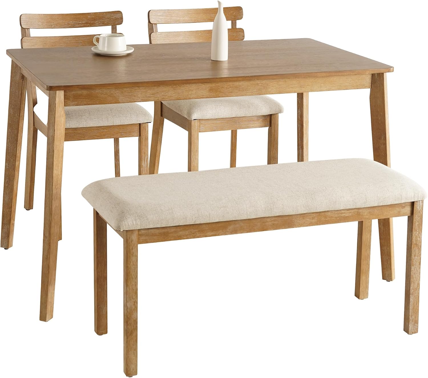 4-Piece Farmhouse Dining Set, Wooden Table with 2 Chairs, Bench Seat, Mid-Century Modern Wooden Table & Upholstered Chair Set for Home, Kitchen, Dining Room, Solidwood Legs - Image 7