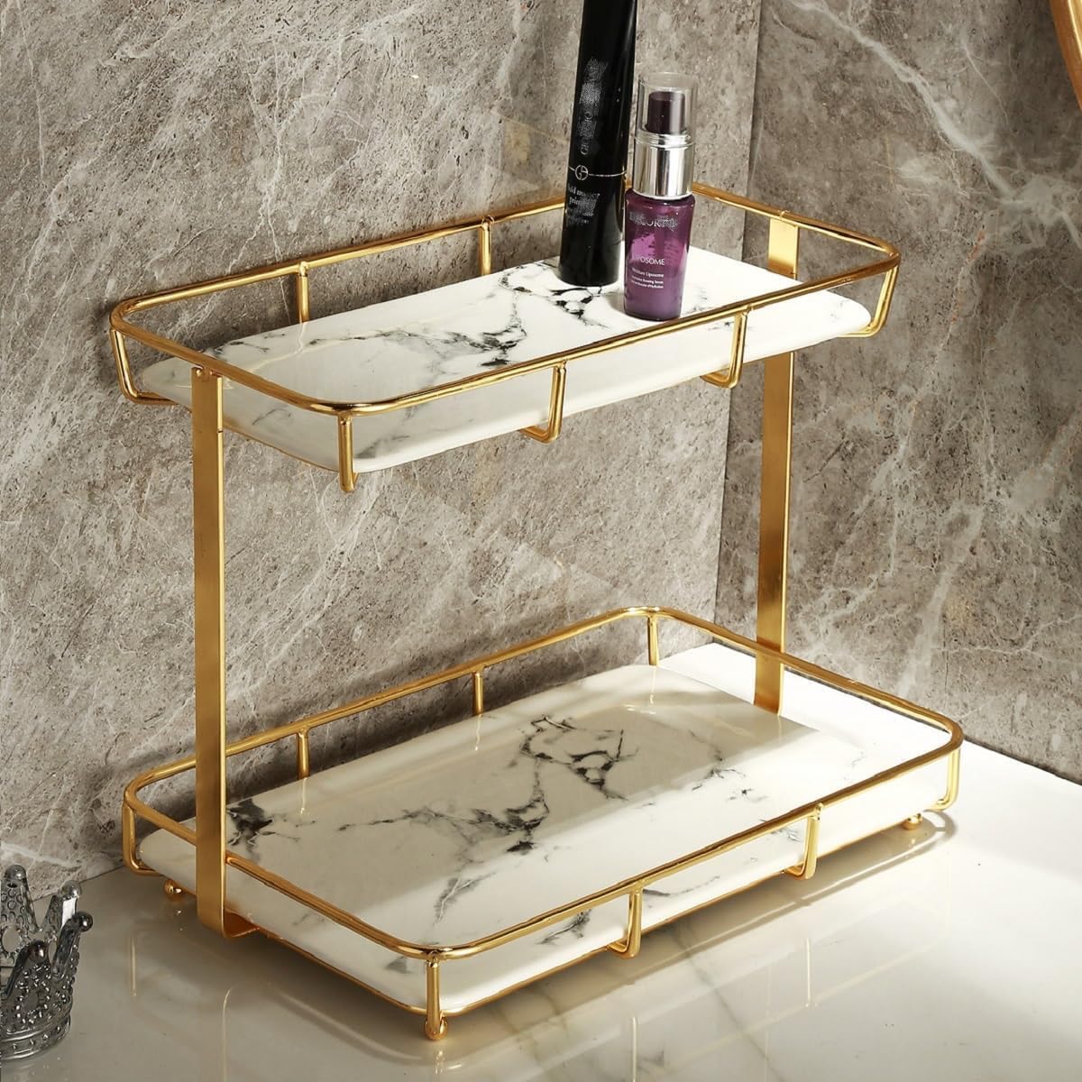 2-Tier Bathroom Countertop Organizer – Stainless Steel Marble-Patterned Vanity Display Tray