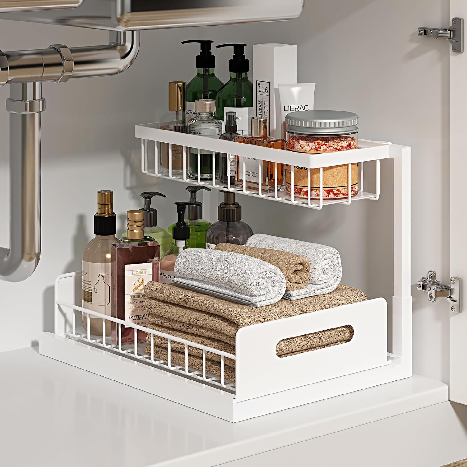 Pull-Out Under-Sink Organizer – 2-Tier Sliding Storage Rack for Kitchen and Bathroom Cabinets (White)