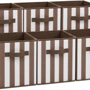 Caramel-Colored Striped Fabric Storage Bins with Handles – For Cube Shelving (6-Piece Set)
