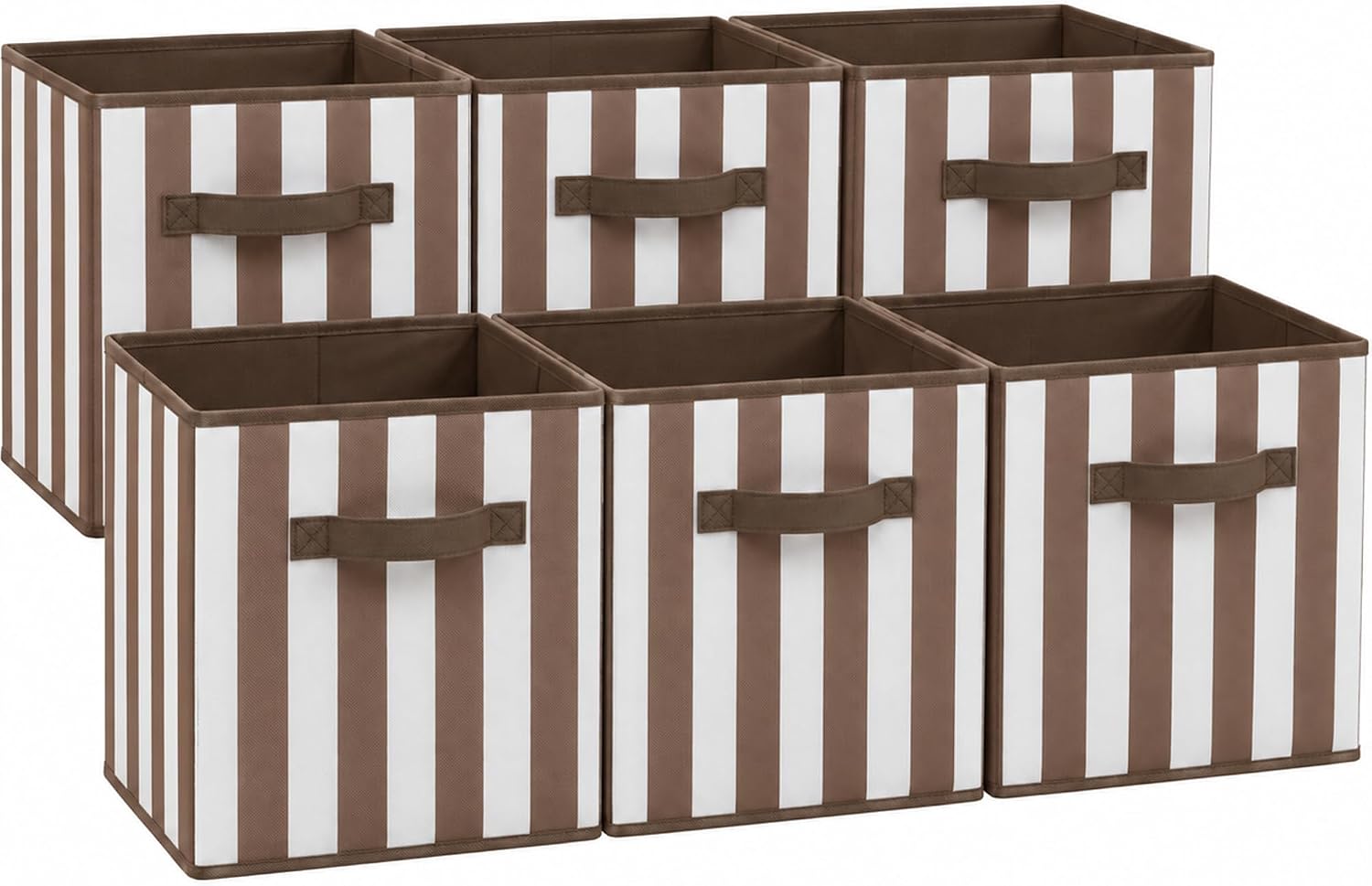 Caramel-Colored Striped Fabric Storage Bins with Handles – For Cube Shelving (6-Piece Set)