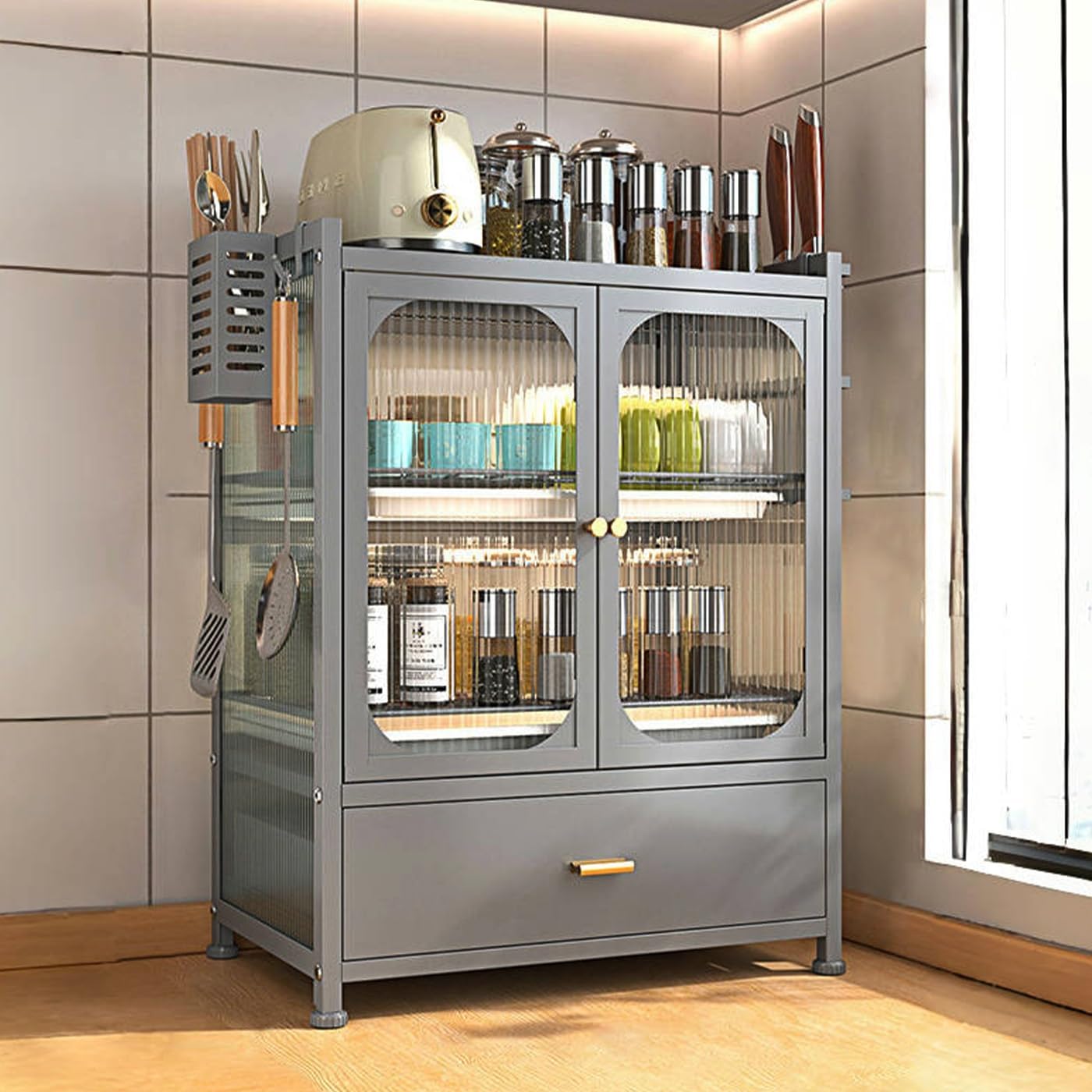 Steel Dish Drying Rack for Kitchen Countertop, Grey Dish Rack Strainer 3 Tier Steel Dîsh Drainer Rãck Cup Storage Rãck Kitchen Countertop Utensil Holder with Drawer Dîsh Cabinet
