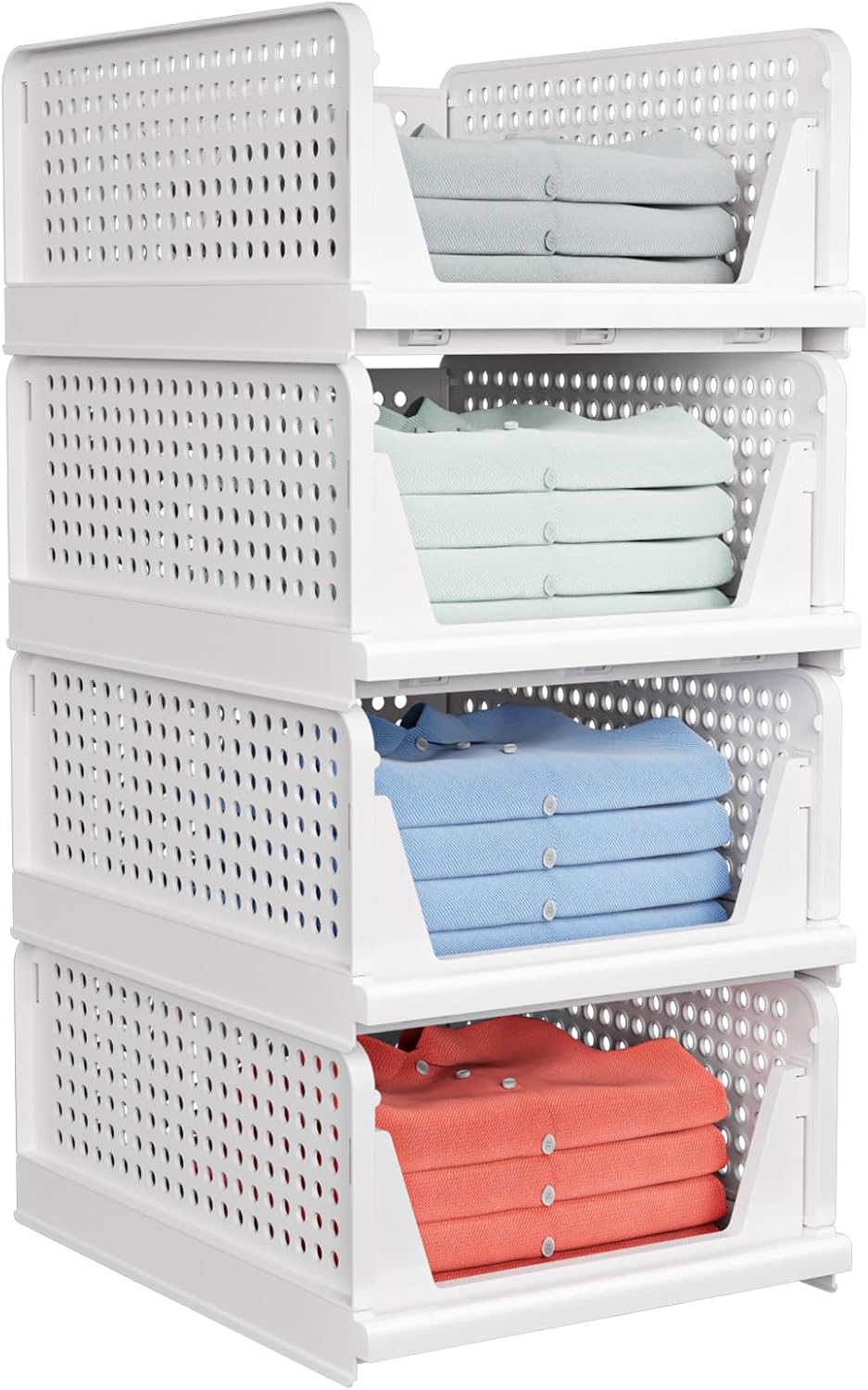 Stackable, foldable wardrobe storage baskets – 4-piece set, white, for clothing and hats