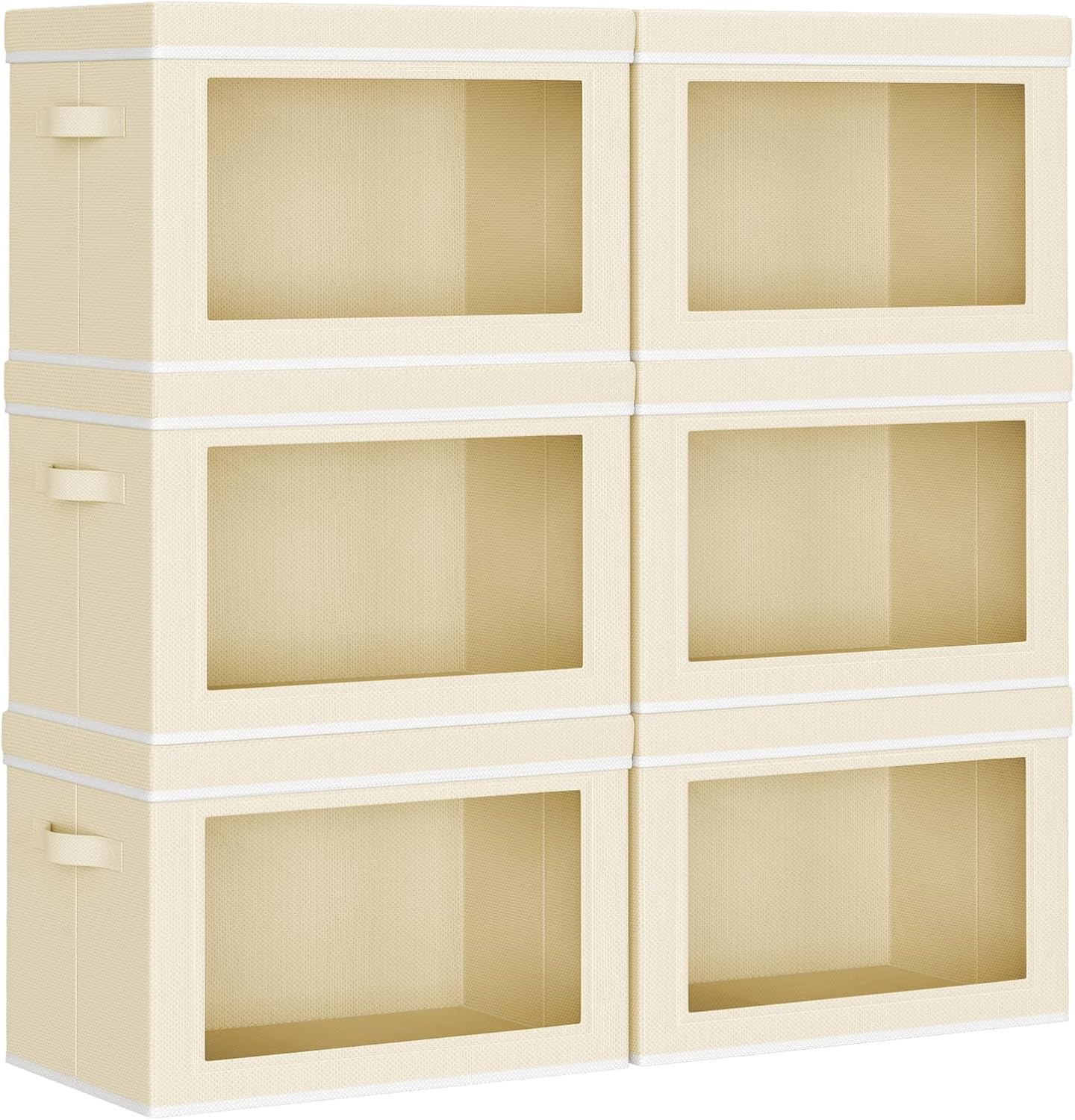 Flip-top fabric storage bins with transparent windows – 6-piece set, beige