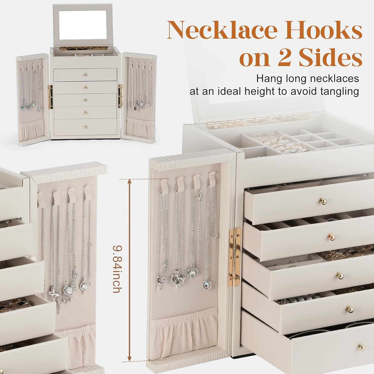 Six-Tier Large-Capacity Jewelry Box with Mirror for Necklaces, Watches, and Accessories (Beige) - Image 2