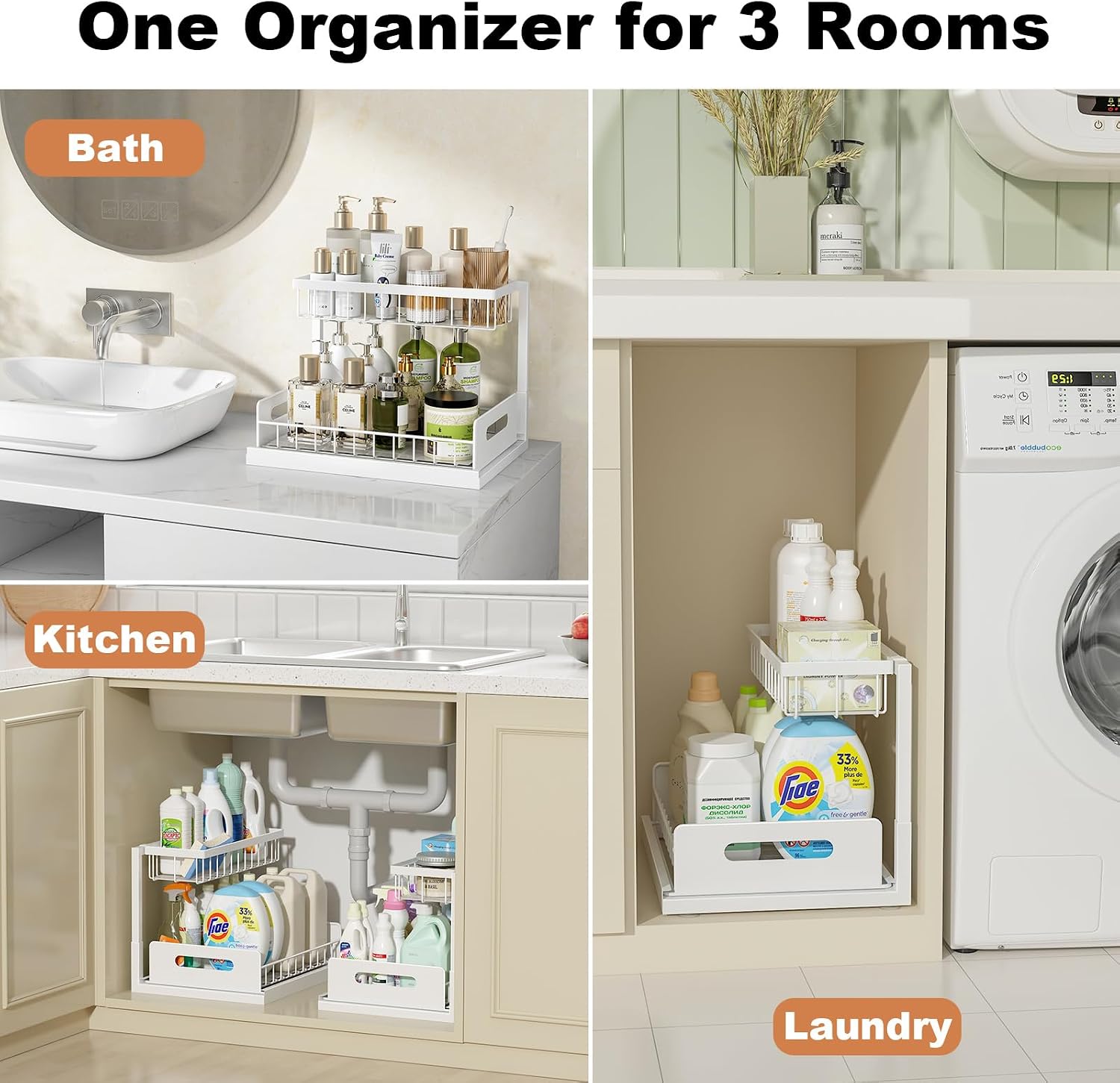 Pull-Out Under-Sink Organizer – 2-Tier Sliding Storage Rack for Kitchen and Bathroom Cabinets (White) - Image 2