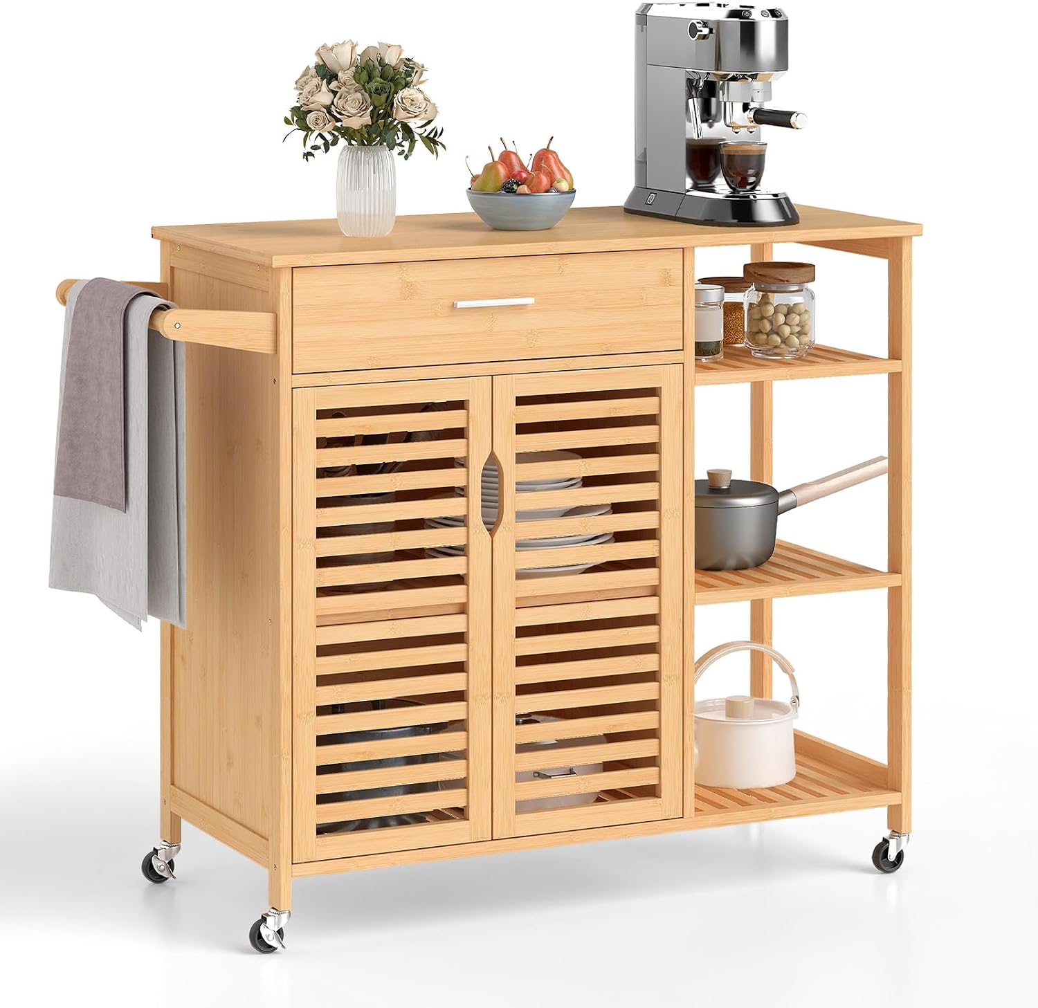 Bamboo Kitchen Island Cart, Mobile Serving Cart with Drawer, 2-Door Storage Cabinet, 3-Tier Shelves & Towel Rack, Rolling Utility Trolley for Dining Room (Natural)