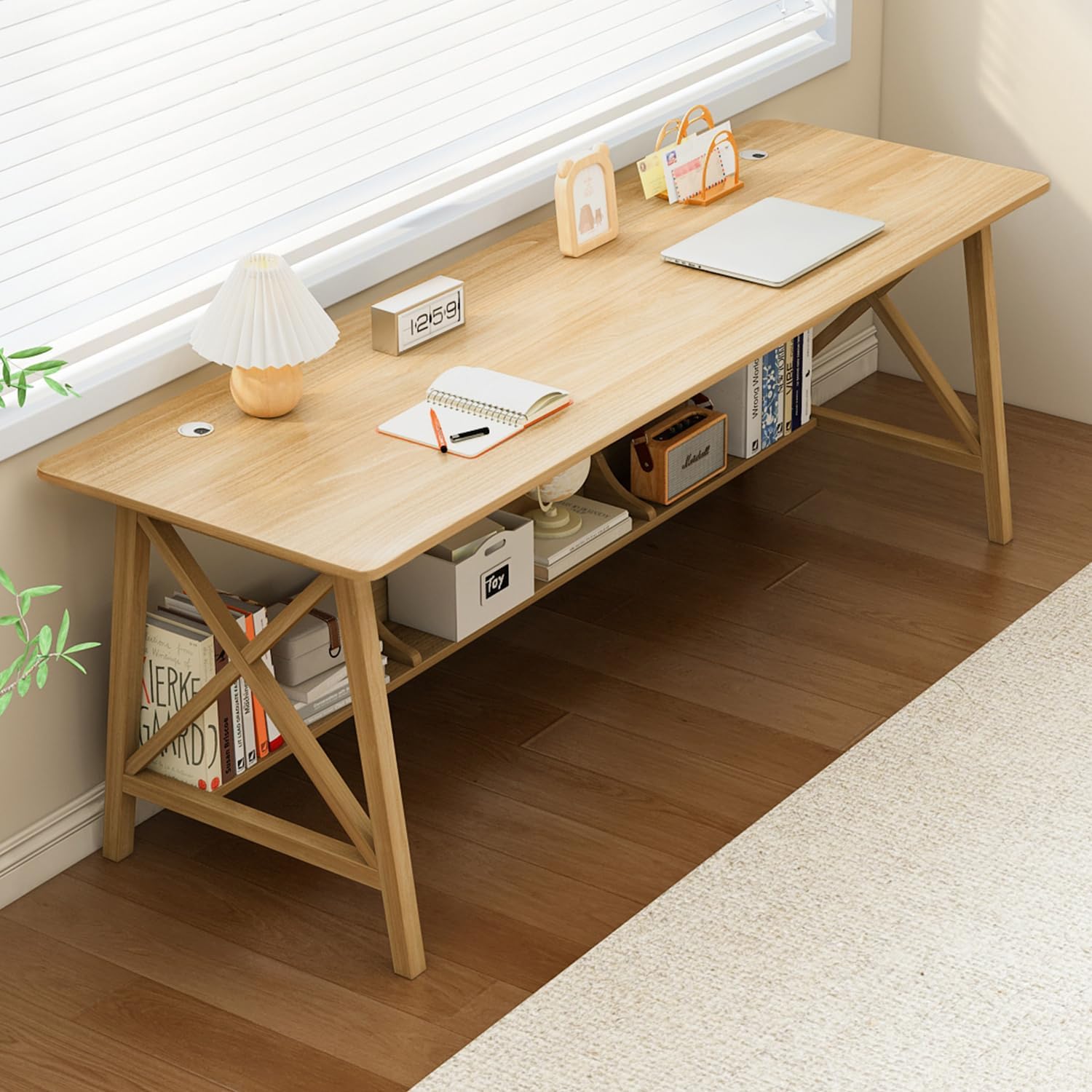 Extra Long Desk with Bookshelf - Solid Wood Home Office Work Study Table, 2-Person Writing Computer Workstation with Storage Shelf in Oak, 71"