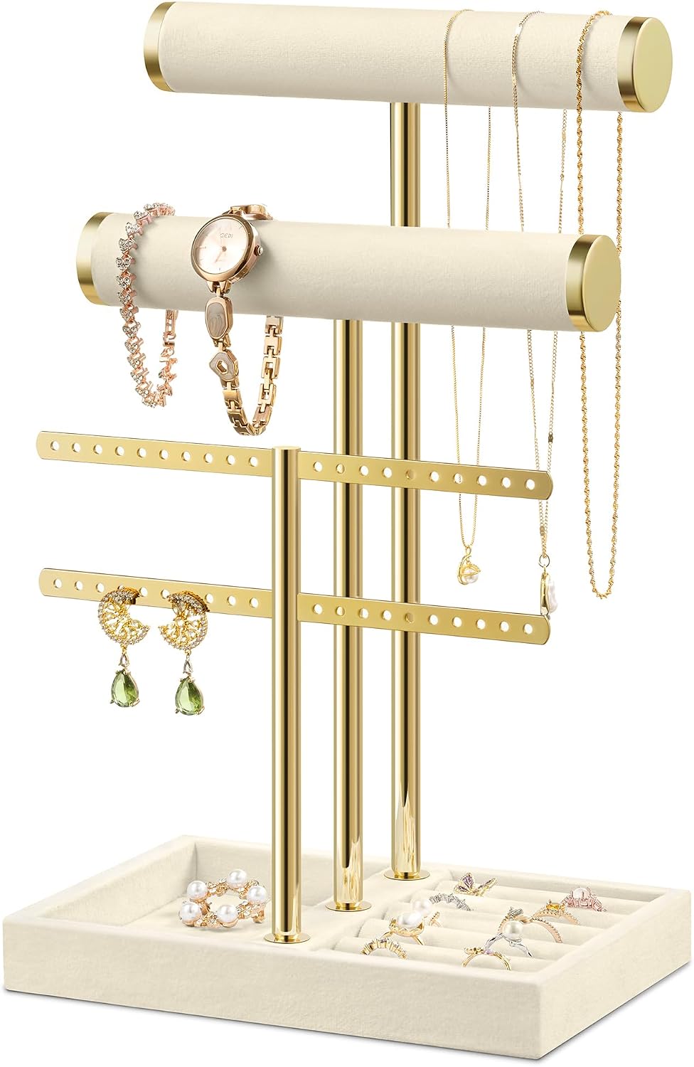 Three-Tier T-Bar Velvet Jewelry Display Stand for Bracelets, Necklaces, and Earrings (Beige)