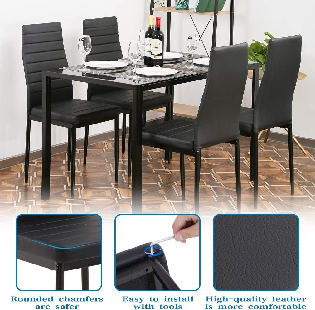 5-Piece Dining Table Set | Black | Glass Kitchen Table with 4 Upholstered Chairs and Faux Leather Cushions | Space-Saving and Modern Design | for Dining Room, Easy to Assemble - Image 4