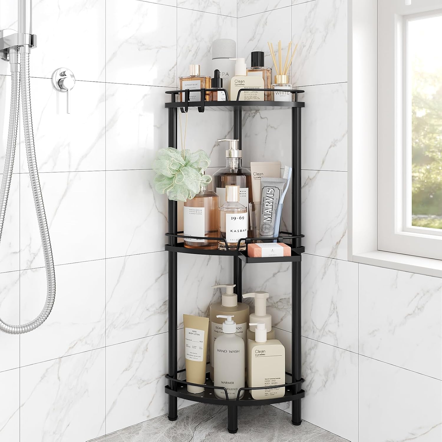 3-Tier Freestanding Corner Shower Rack – Metal Bathroom Corner Storage Unit (Black)