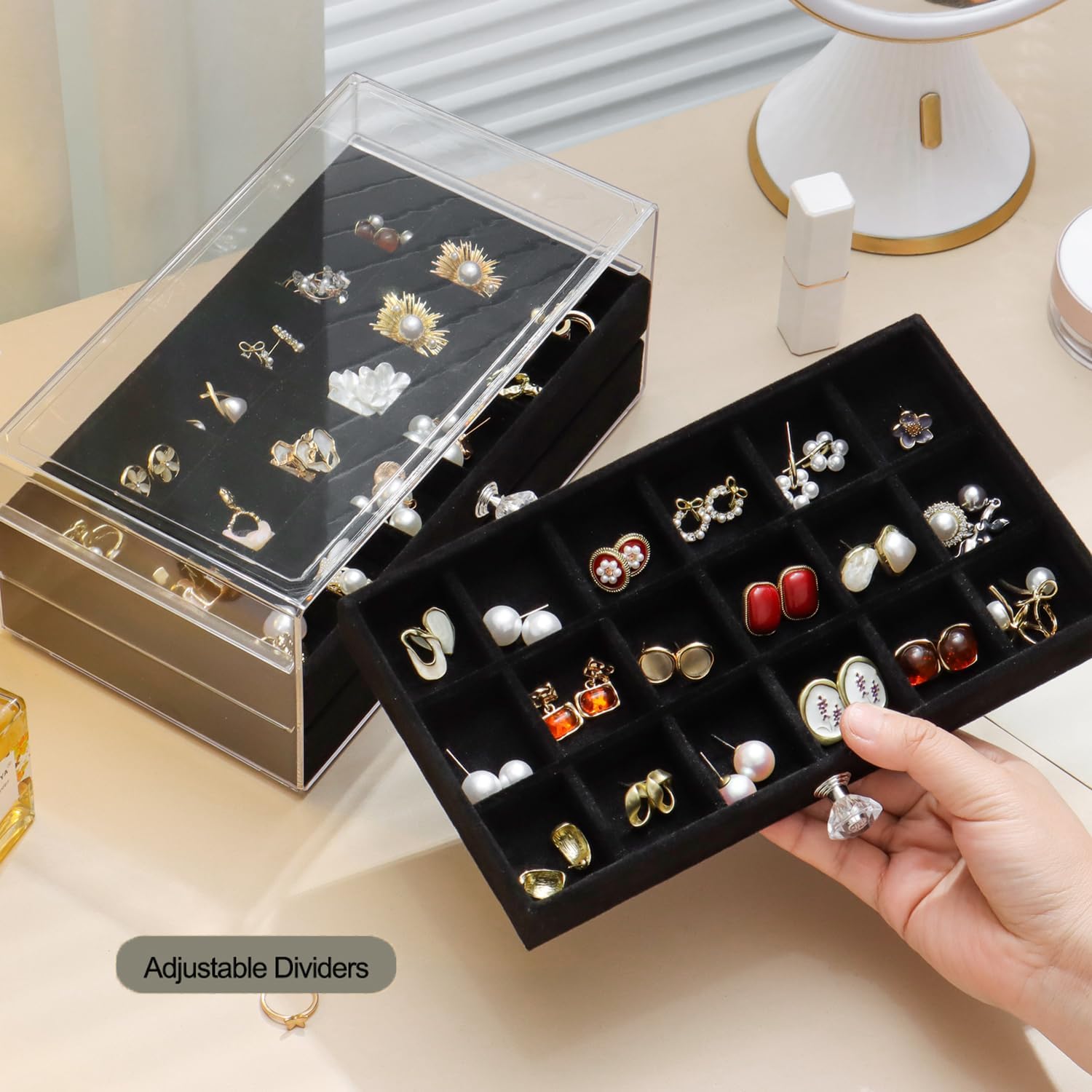Three-Tier Black Jewelry Display Box for Earrings and Rings - Image 2