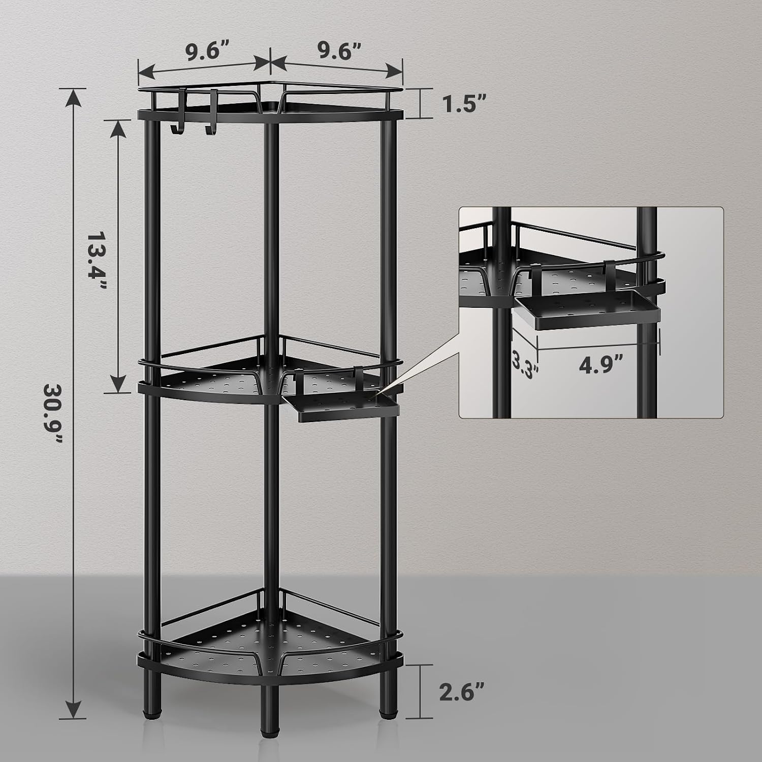3-Tier Freestanding Corner Shower Rack – Metal Bathroom Corner Storage Unit (Black) - Image 2