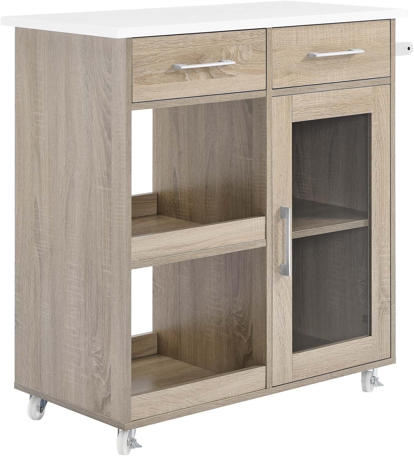 Culinary Rolling Kitchen Cart with Storage in Oak White - 3 Tiers Kitchen Island on Wheels with Towel Bar, Functional as a Coffee Station, Bar Cabinet or Butcher Block Island